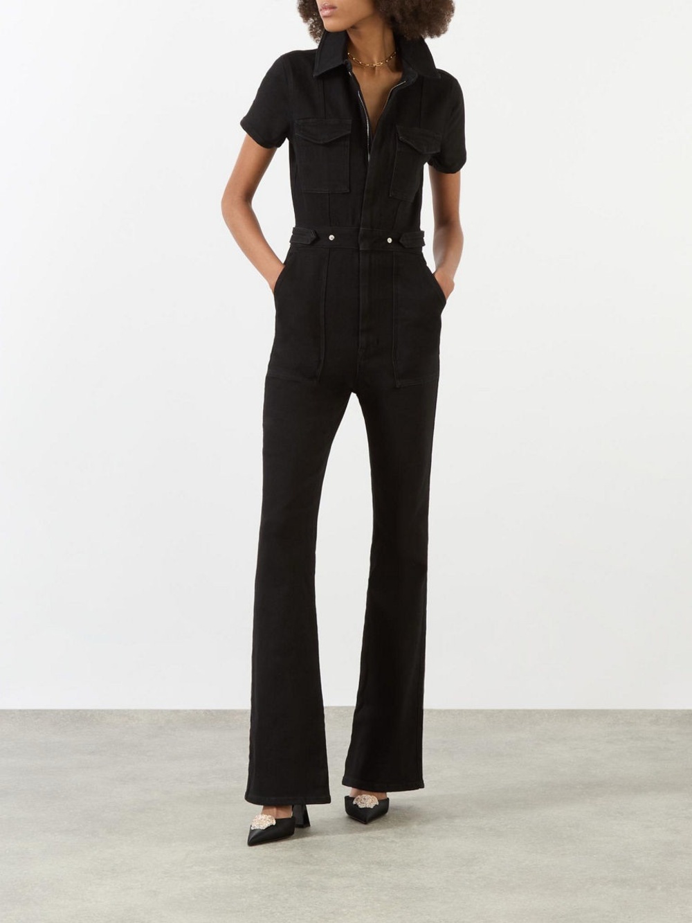 NWT Good American Black Short-Sleeve Zip-Front Jumpsuit - XL tag,fits like a M/L